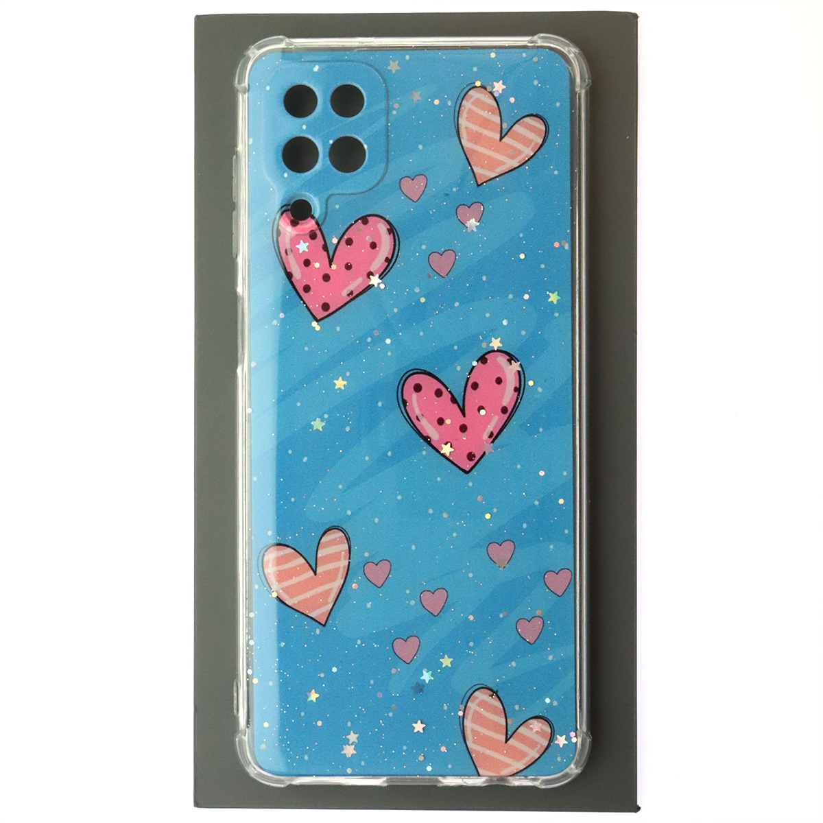 Чехол накладка для SAMSUNG Galaxy A12 4G (SM-A125), M12 (SM-A125F), силикон, глянцевый, блестки, рисунок Сердечки