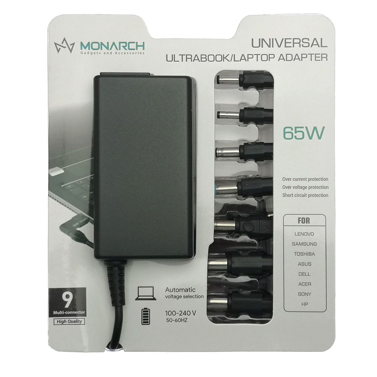 Блок питания Monarch A12-CTD-UN24 65W универсальный, в комплекте 9 переходников, цвет черный.