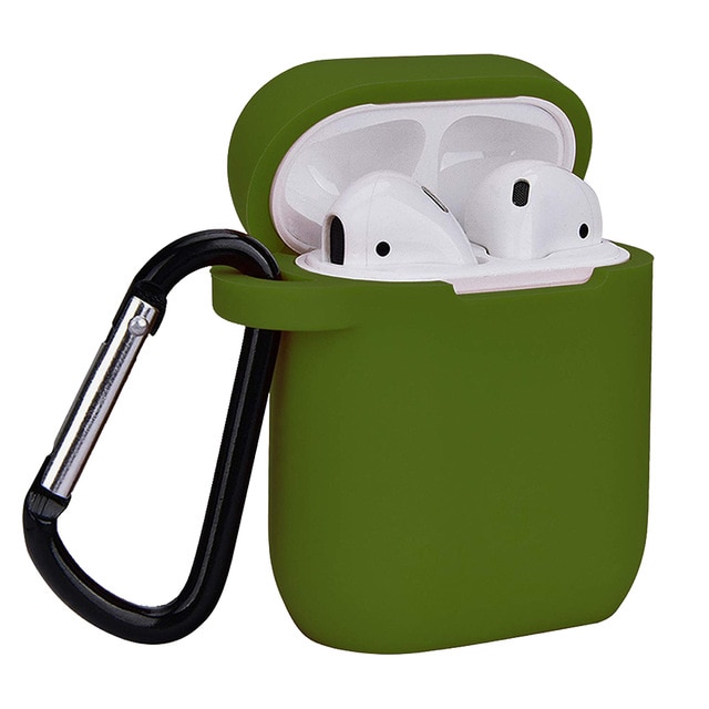 Чехол для беспроводных наушников APPLE AirPods силиконовый с карабином, цвет зелёный. Чехол для беспроводных наушников APPLE AirPods силиконовый с карабином, цвет зелёный.