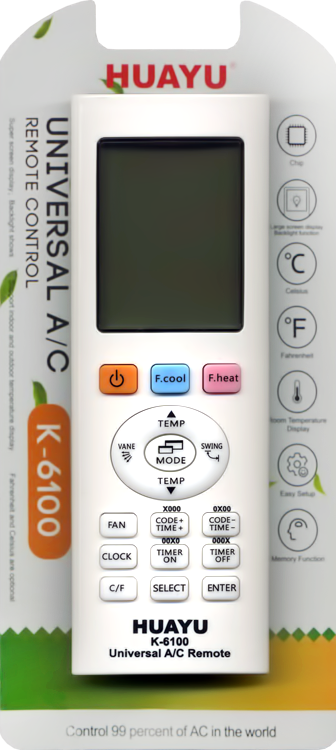 Пульт ДУ универсальный для кондиционеров HUAYU K-6100 поддерживает 1000 различных моделей кондиционеров.