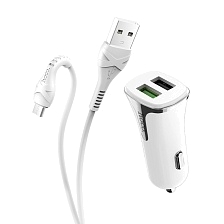 HOCO Z31 Universe автомобильное зарядное устройство QC3.0 2xUSB, 3.4А, набор с кабелем Micro USB длиной 1 метр, цвет белый.