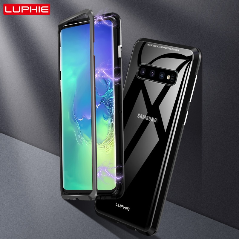 Чехол магнитный для SAMSUNG Galaxy S10 2019 (SM-973), закаленное стекло, металл, цвет серебристо прозрачный.