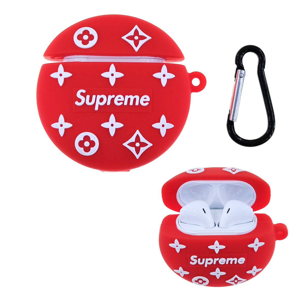 Чехол для беспроводных наушников APPLE AirPods 1, 2 силиконовый с карабином, 3D Supreme Red. Чехол для беспроводных наушников APPLE AirPods 1, 2 силиконовый с карабином, 3D Supreme Red.