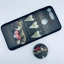 Чехол накладка для HUAWEI View 20, силикон, с поп сокетом, рисунок Мишка и сердечки.