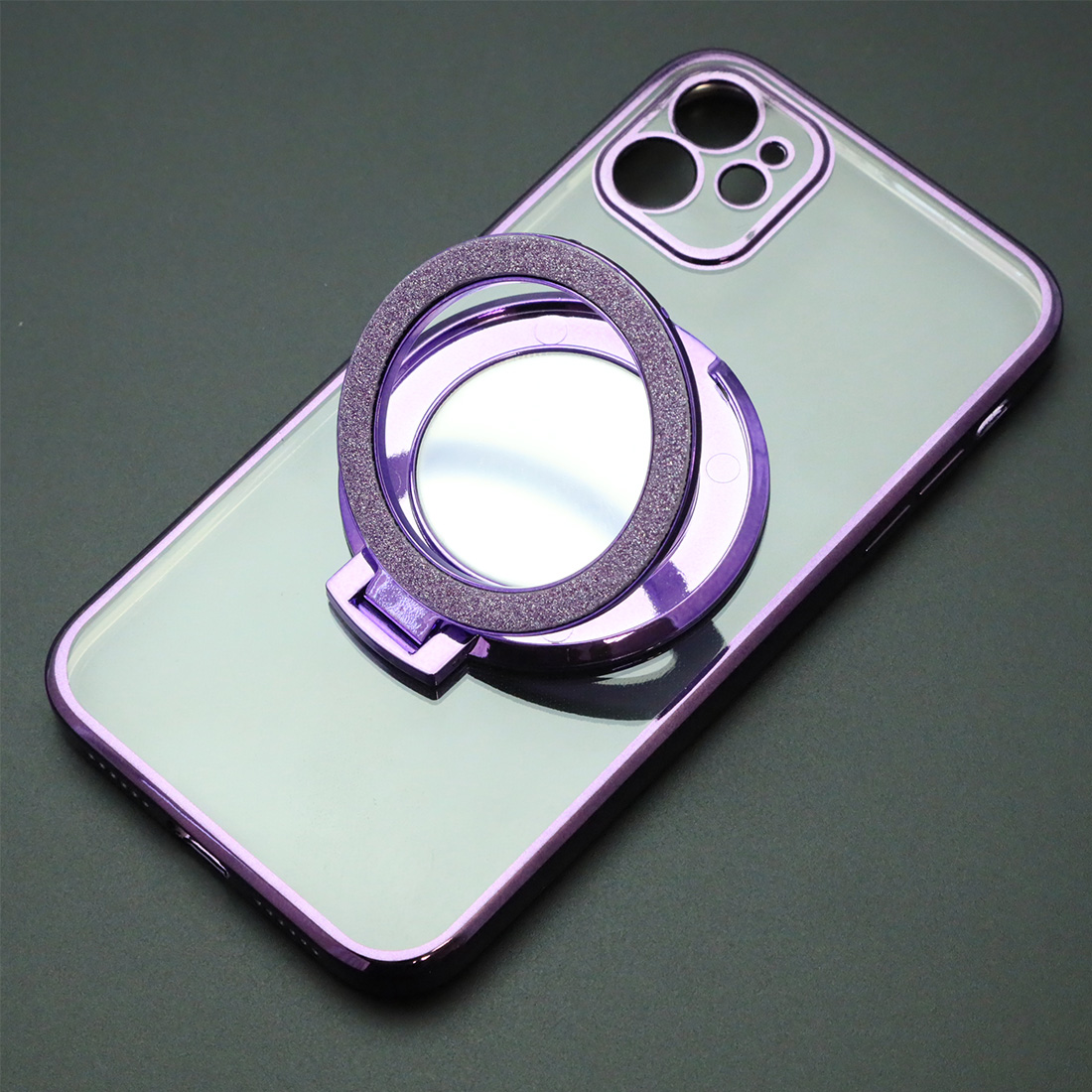 Чехол накладка для APPLE iPhone 11, силикон, защита камеры, кольцо держатель, прозрачный, цвет окантовки фиолетовый Чехол накладка для APPLE iPhone 11, силикон, защита камеры, кольцо держатель, прозрачный, цвет окантовки фиолетовый
