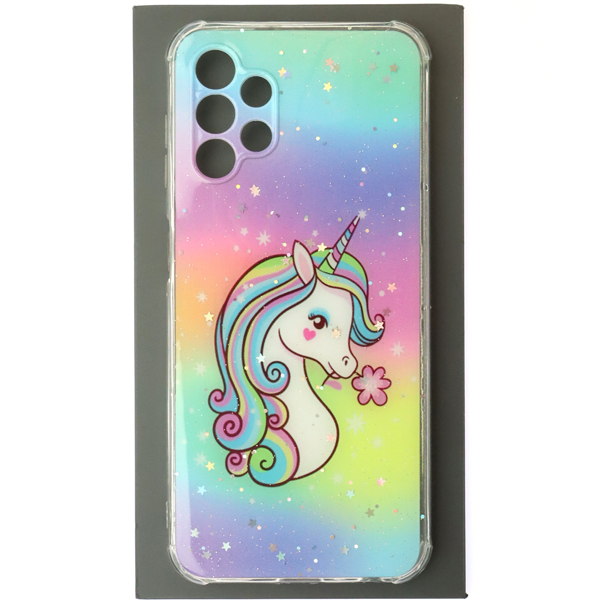 Чехол накладка для SAMSUNG Galaxy A13 4G (SM-A135F), силикон, глянцевый, блестки, рисунок Единорог