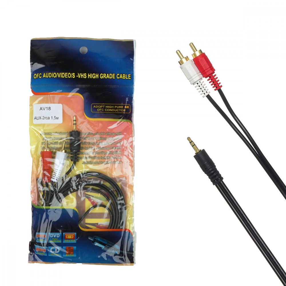 Кабель аудио AV18 для подключения через разъём 2RCA на Micro jack 2.5 мм, длина 1.5 метра