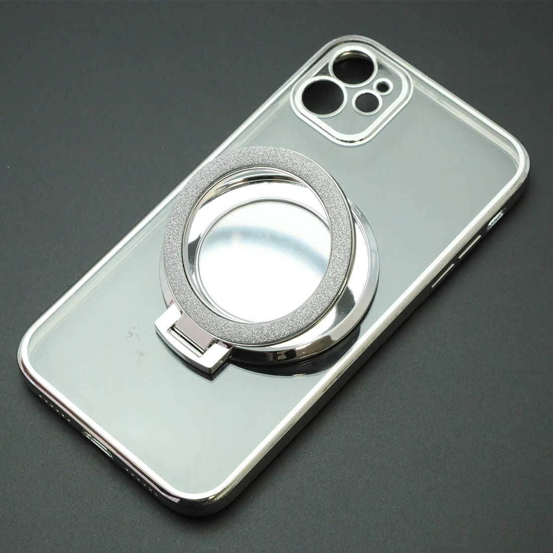 Чехол накладка для APPLE iPhone 11, силикон, защита камеры, кольцо держатель, прозрачный, цвет окантовки серебристый Чехол накладка для APPLE iPhone 11, силикон, защита камеры, кольцо держатель, прозрачный, цвет окантовки серебристый