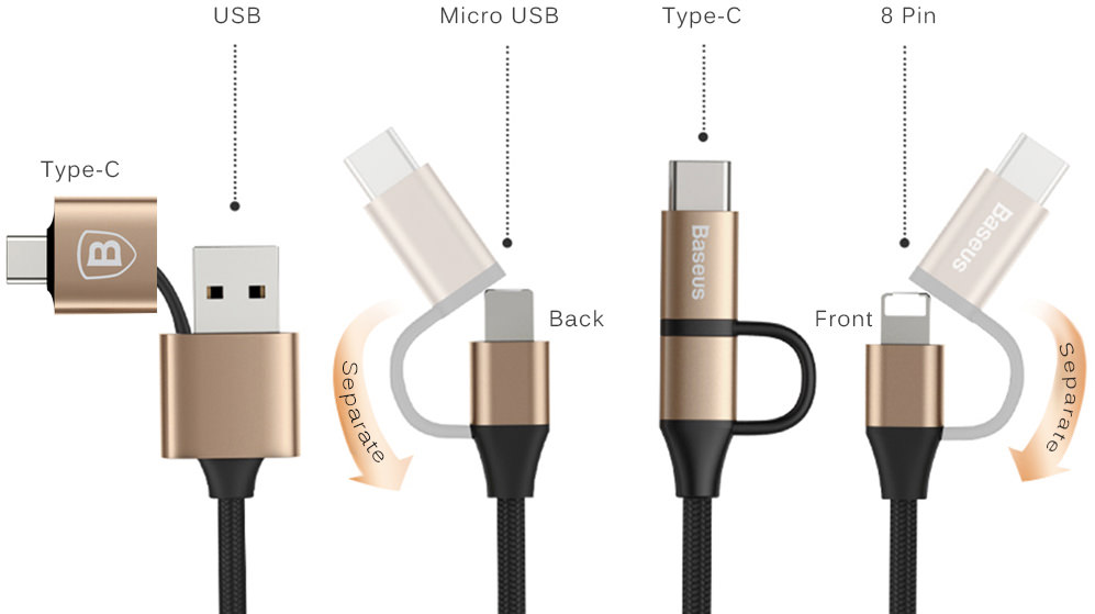 Переходник кабель Baseus 5 в 1, microUSB, Lightning 8 Pin, Type-C, длина 1 метр, цвет золотистый