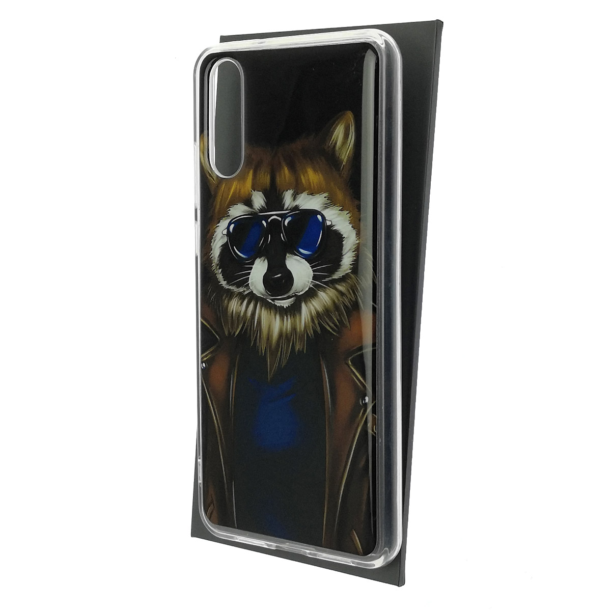 Чехол накладка для HUAWEI P20, силикон, глянцевый, рисунок Енот в синих очках