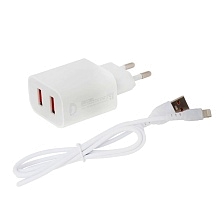СЗУ (Сетевое зарядное устройство) DENMEN DC05L, 2.4A, 2 USB, кабель Lightning 8 pin, цвет белый СЗУ (Сетевое зарядное устройство) DENMEN DC05L, 2.4A, 2 USB, кабель Lightning 8 pin, цвет белый