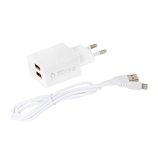 СЗУ (Сетевое зарядное устройство) DENMEN DC02L, 2.1A, 2 USB, кабель Lightning 8 pin, цвет белый СЗУ (Сетевое зарядное устройство) DENMEN DC02L, 2.1A, 2 USB, кабель Lightning 8 pin, цвет белый