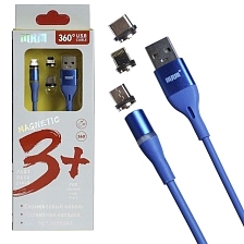 Магнитный зарядный кабель MRM 360 3 в 1, с магнитными насадками APPLE Lightning 8-pin, Micro USB, Type-C, цвет синий Магнитный зарядный кабель MRM 360 3 в 1, с магнитными насадками APPLE Lightning 8-pin, Micro USB, Type-C, цвет синий