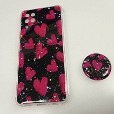 Чехол накладка для SAMSUNG Galaxy A12, M12 силикон, фактурный глянец, с поп сокетом, рисунок Сердечки Чехол накладка для SAMSUNG Galaxy A12, M12 силикон, фактурный глянец, с поп сокетом, рисунок Сердечки