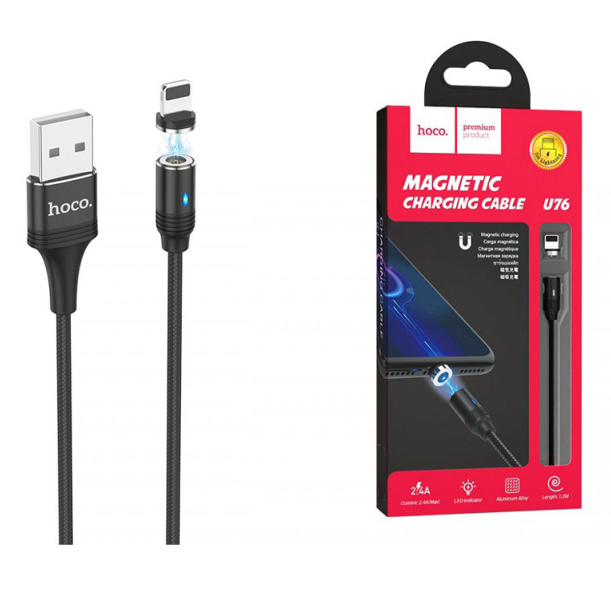 Магнитный зарядный кабель HOCO U76 Fresh Magnetic, длина 1,2 метра, с магнитной насадкой APPLE Lightning 8 pin, цвет черный | Все по 150