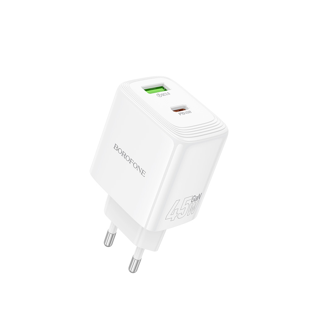 СЗУ (Сетевое зарядное устройство) BOROFONE BN30, GaN, 45W USB-C PD, 18W USB-A, PD/QC/FCC/AFC, цвет белый