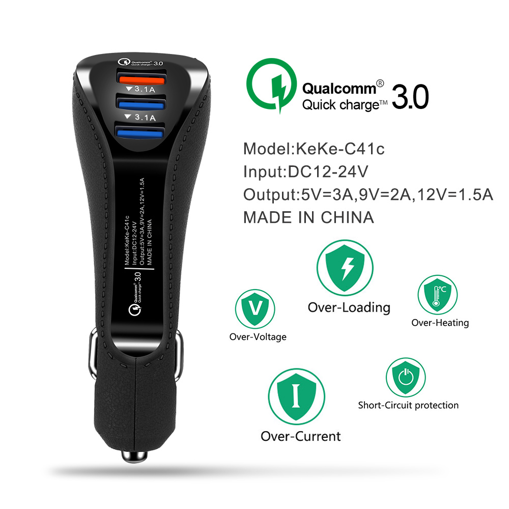 АЗУ (автомобильное зарядное устройство) SunPin KeKe-C41c на 3 USB порта 6.1A - 15W, QC3.0, цвет чёрный.