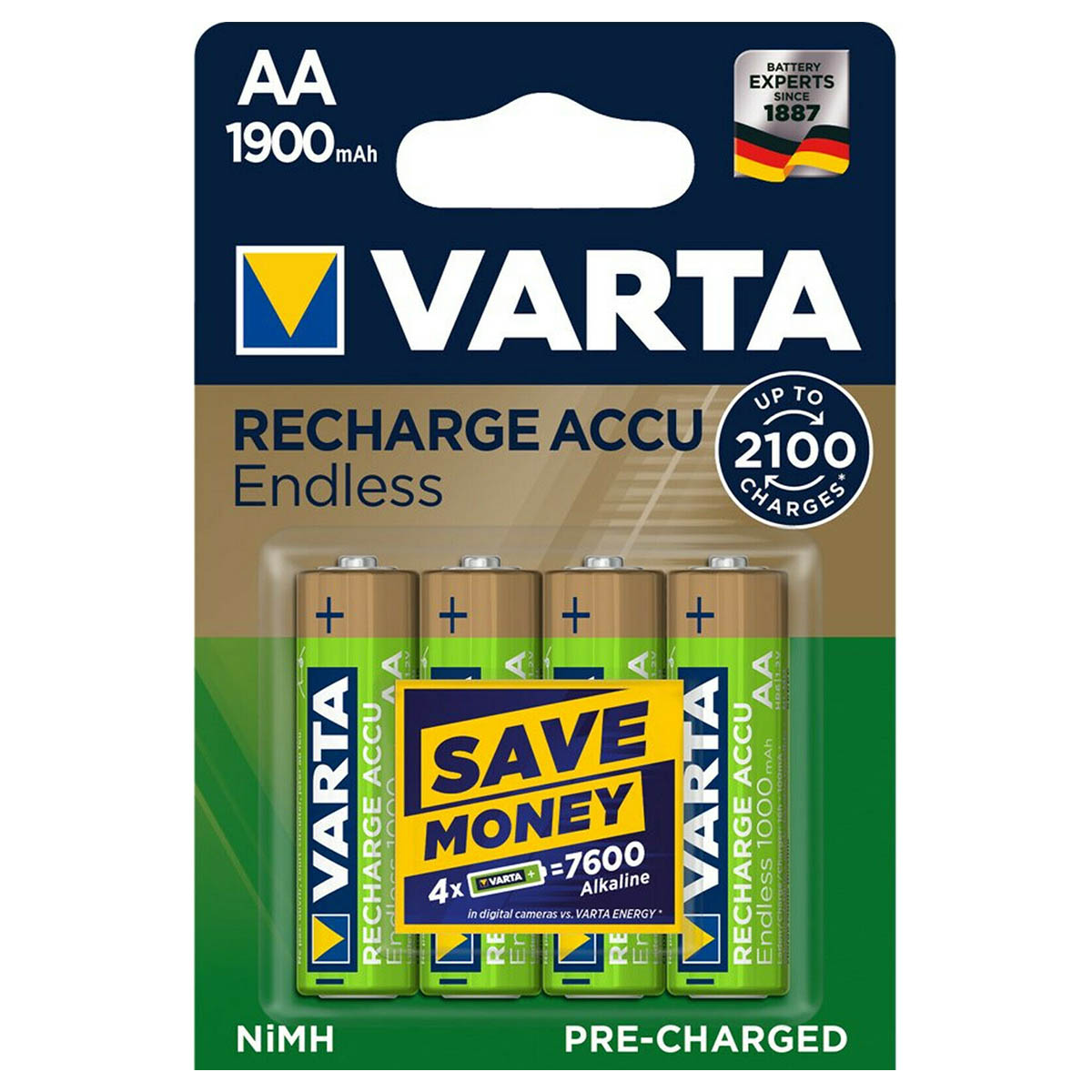 Аккумулятор перезаряжаемый VARTA R6, AA, BL4, NI-MH, 1900mAh, тип пальчиковый