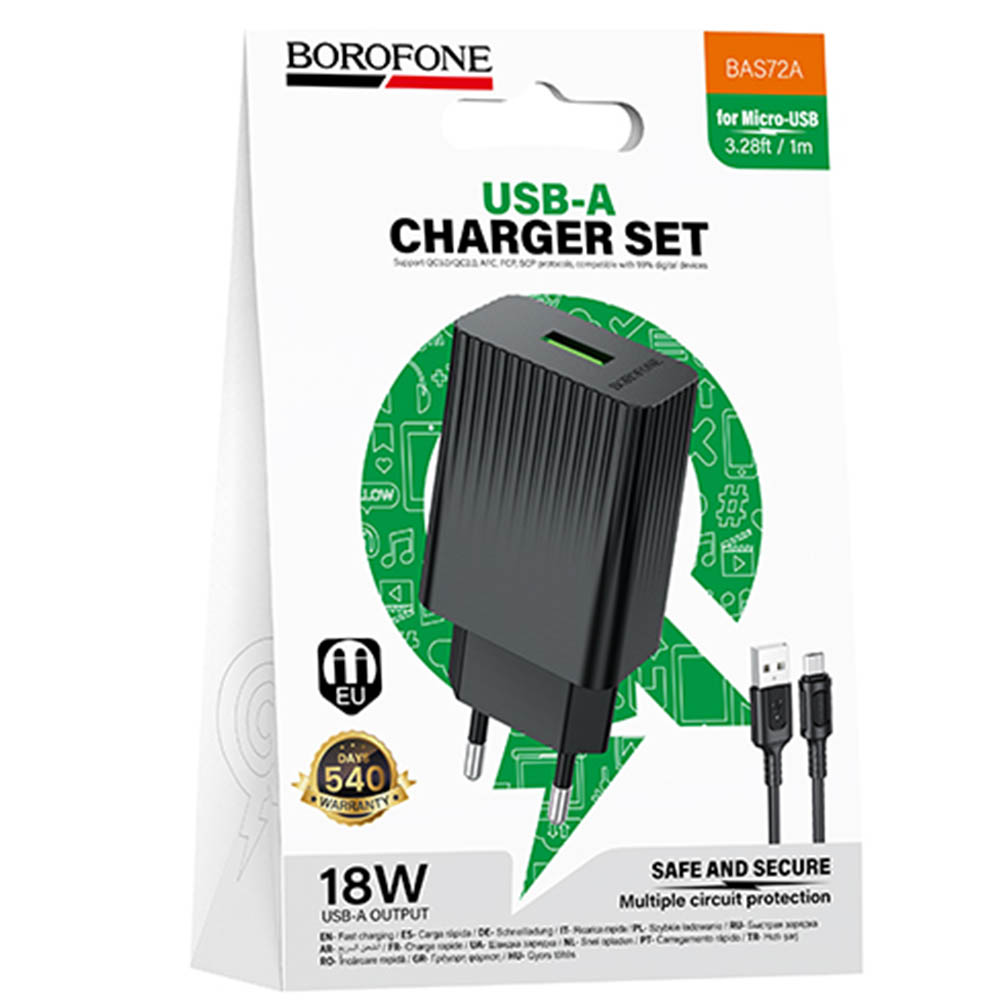 СЗУ (Сетевое зарядное устройство) BOROFONE BAS72A с кабелем Micro USB, 18W, 1 USB, QC3.0, длина 1 метр, цвет черный