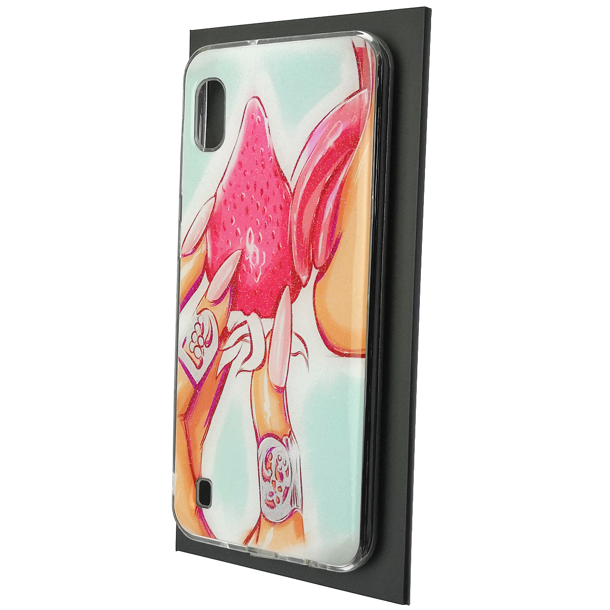 Чехол накладка для SAMSUNG Galaxy A10 (SM-A105), M10 (SM-M105), силикон, глянцевый, блестки, рисунок Девушка с клубникой Чехол накладка для SAMSUNG Galaxy A10 (SM-A105), M10 (SM-M105), силикон, глянцевый, блестки, рисунок Девушка с клубникой