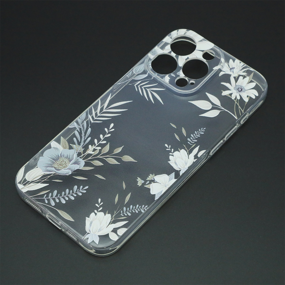 Чехол накладка для APPLE iPhone 15 Pro Max, защита камеры, силикон, прозрачный, рисунок Белые цветы Чехол накладка для APPLE iPhone 15 Pro Max, защита камеры, силикон, прозрачный, рисунок Белые цветы