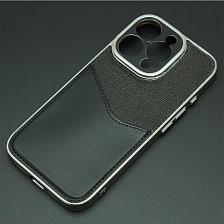 Чехол накладка PROTECTION SHELL для APPLE iPhone 16 Pro (6.3"), защита камеры, подставка, отдел для карт, металл, ткань, цвет серебристо черный