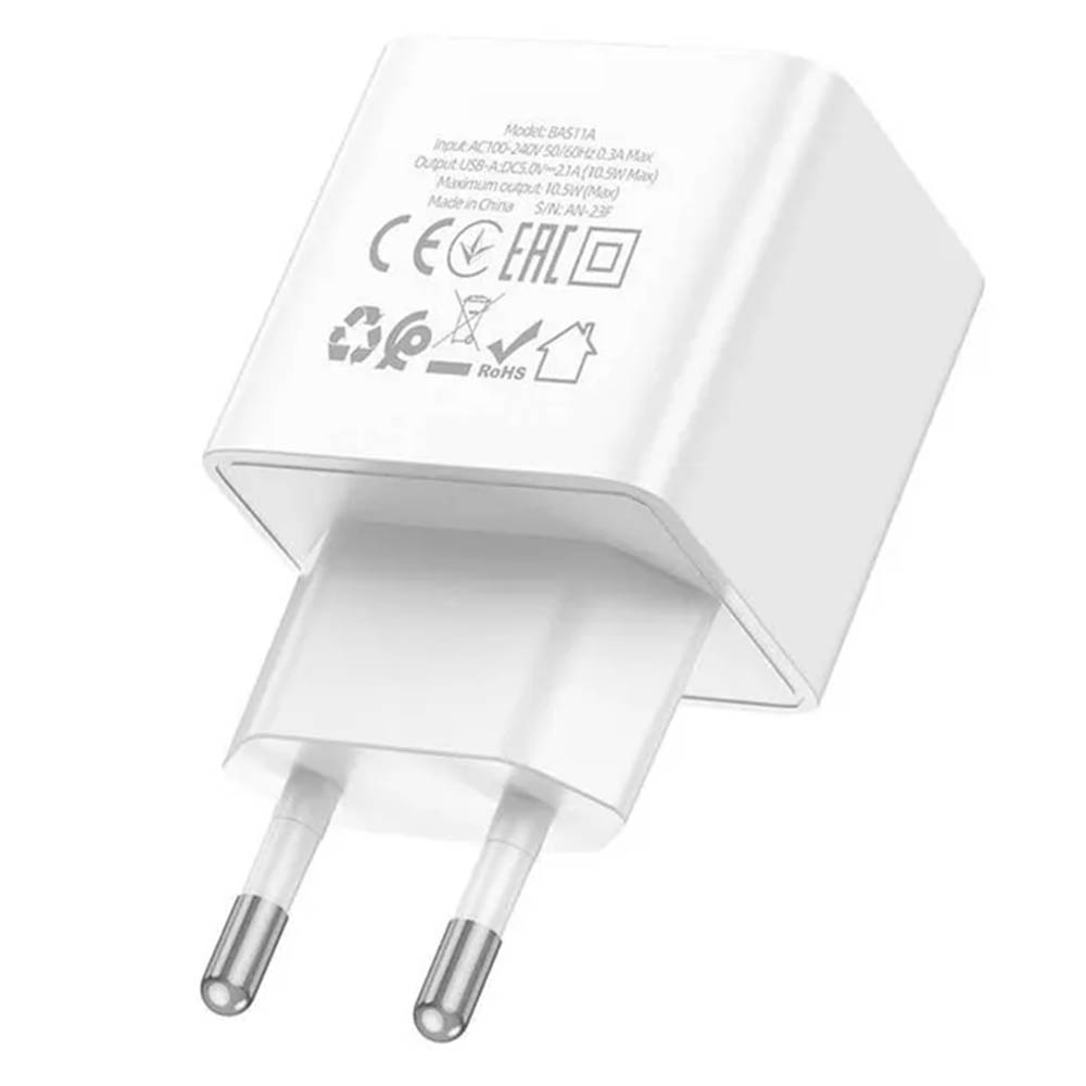 СЗУ (Сетевое зарядное устройство) BOROFONE BAS11A, 10.5W, 2.1 A, 1 USB, цвет белый СЗУ (Сетевое зарядное устройство) BOROFONE BAS11A, 10.5W, 2.1 A, 1 USB, цвет белый