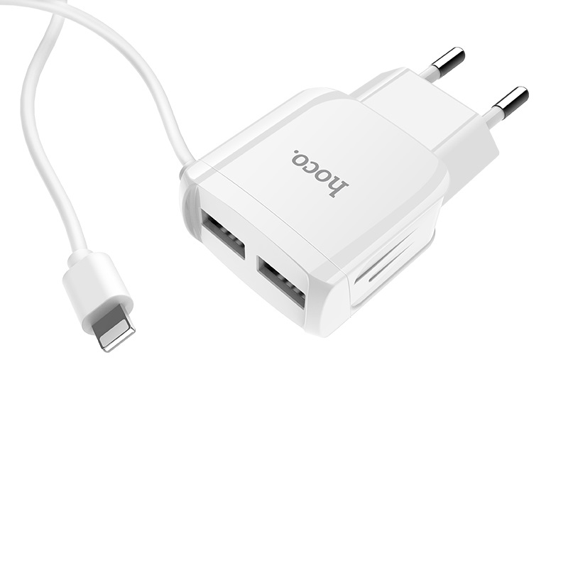 HOCO C59 & C59A Mega joy зарядный адаптер с двумя USB и встроенным кабелем для APPLE Lightning 8-pin, цвет белый. HOCO C59 & C59A Mega joy зарядный адаптер с двумя USB и встроенным кабелем для APPLE Lightning 8-pin, цвет белый.