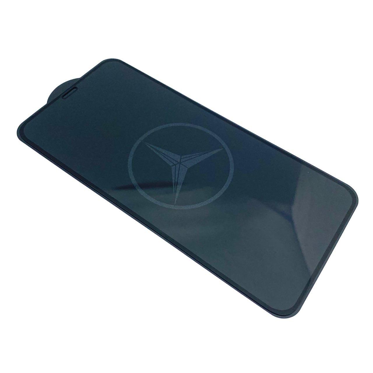 Защитное стекло "9D" GLASS FULL GLUE для APPLE iPhone XS MAX (6.5"), с рисунком лого Mercedes-Benz, цвет канта черный.
