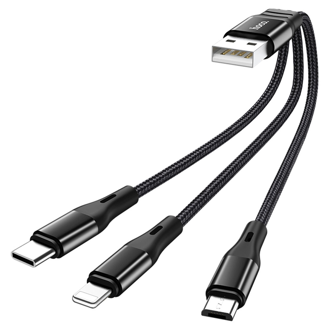 Кабель HOCO X47 3 в 1 USB на Micro USB, USB Type C, Lightning 8 pin, 2.4A, длина 25 см, цвет черный