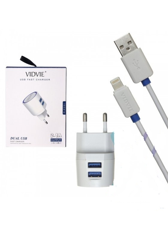 Сетевое зарядное устройство Vidvie PLE201, АП сет. 2.1А/2USB, кабель Apple 8pin/1.0м, белый, фирменн. Сетевое зарядное устройство Vidvie PLE201, АП сет. 2.1А/2USB, кабель Apple 8pin/1.0м, белый, фирменн.
