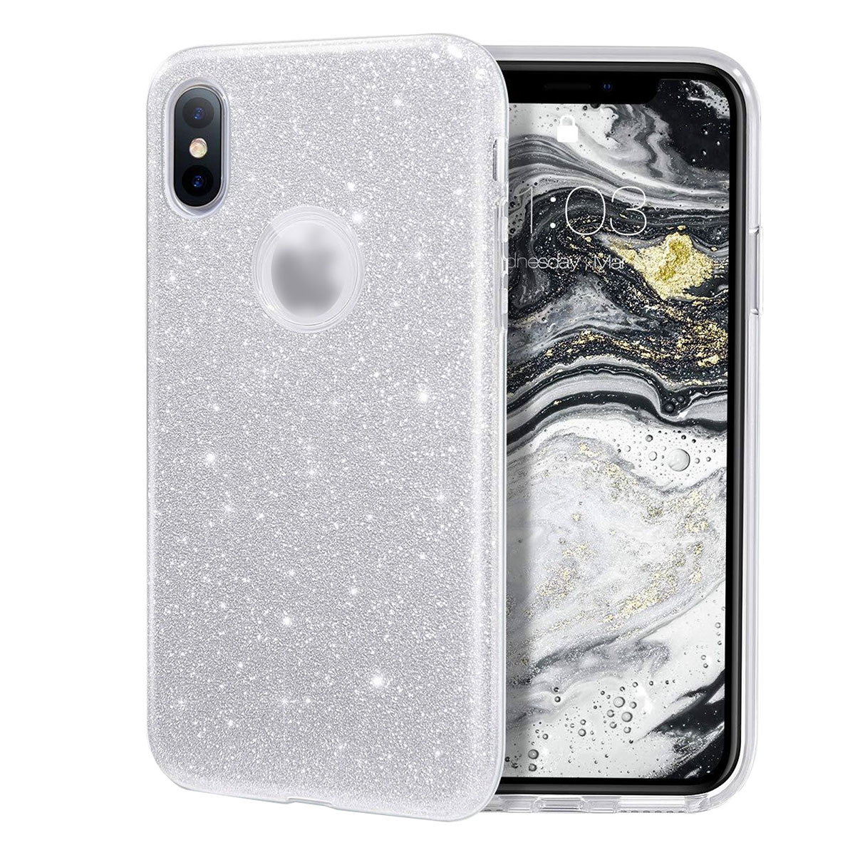 Чехол накладка Shine для APPLE iPhone X, iPhone XS, силикон, блестки, цвет серебристый Чехол накладка Shine для APPLE iPhone X, iPhone XS, силикон, блестки, цвет серебристый