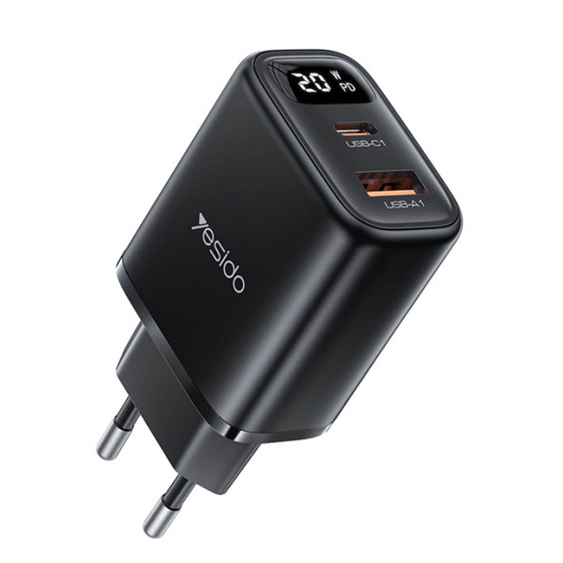 СЗУ (Сетевое зарядное устройство) YESIDO YC68, 20W, 1 USB, 1 USB Type C, LED дисплей, цвет черный