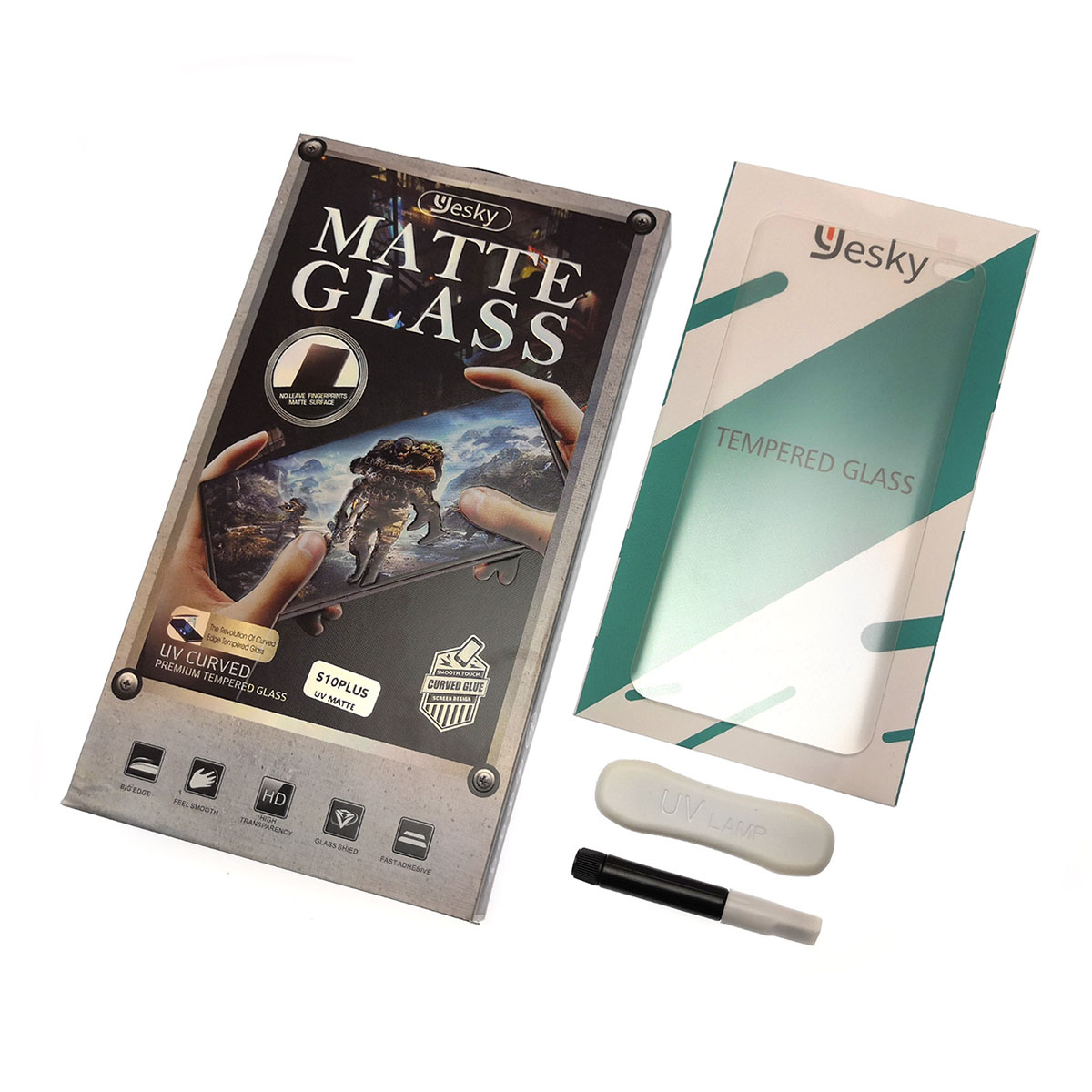 Защитное стекло YESKY MATTE GLASS для SAMSUNG Galaxy S10 Plus (SM-G975), c УФ-лампой и жидкостью, прозрачное матовое.