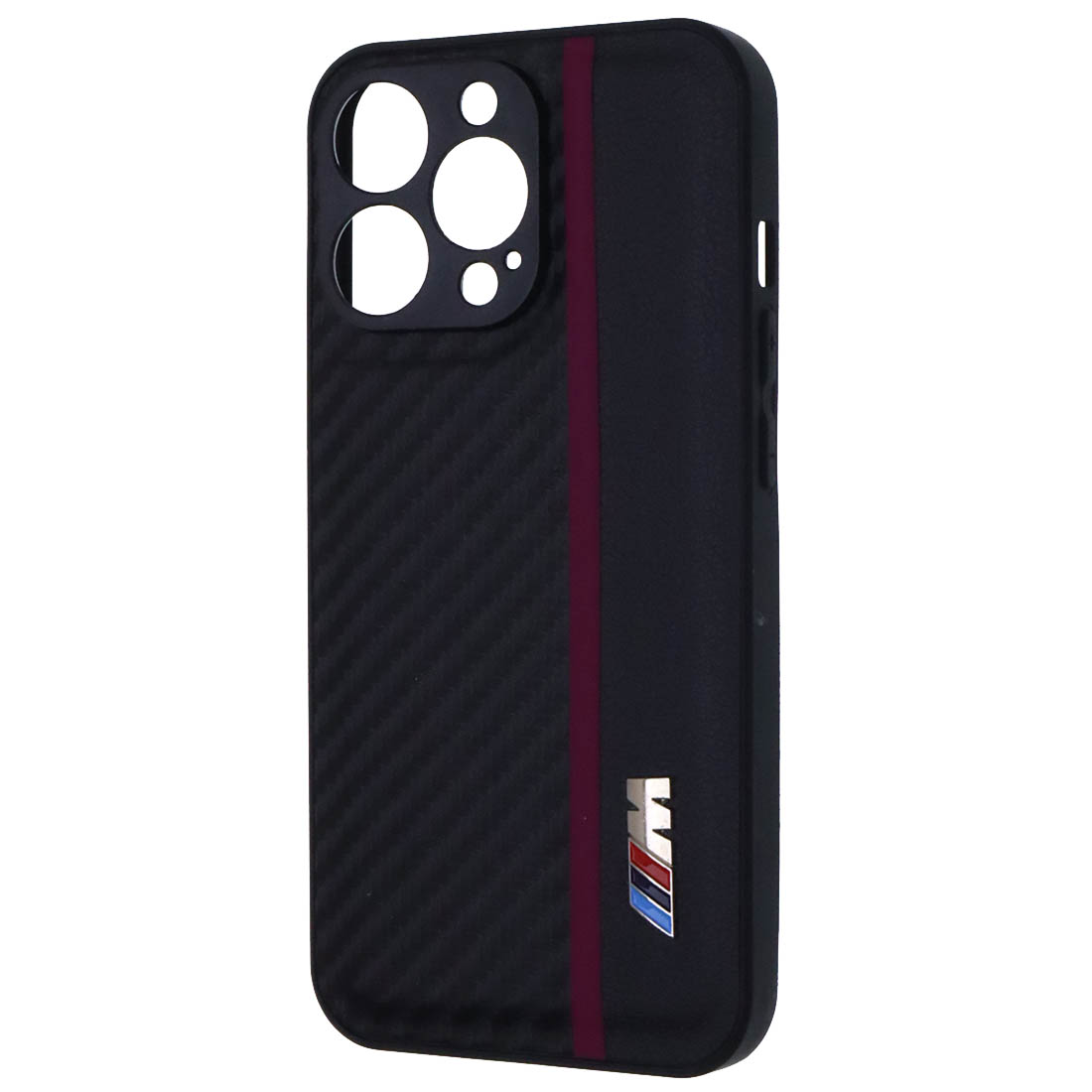 Чехол накладка для APPLE iPhone 13 Pro, силикон, карбон, экокожа, защита камеры, знак БМВ M серии, цвет черный с бордовой полоской