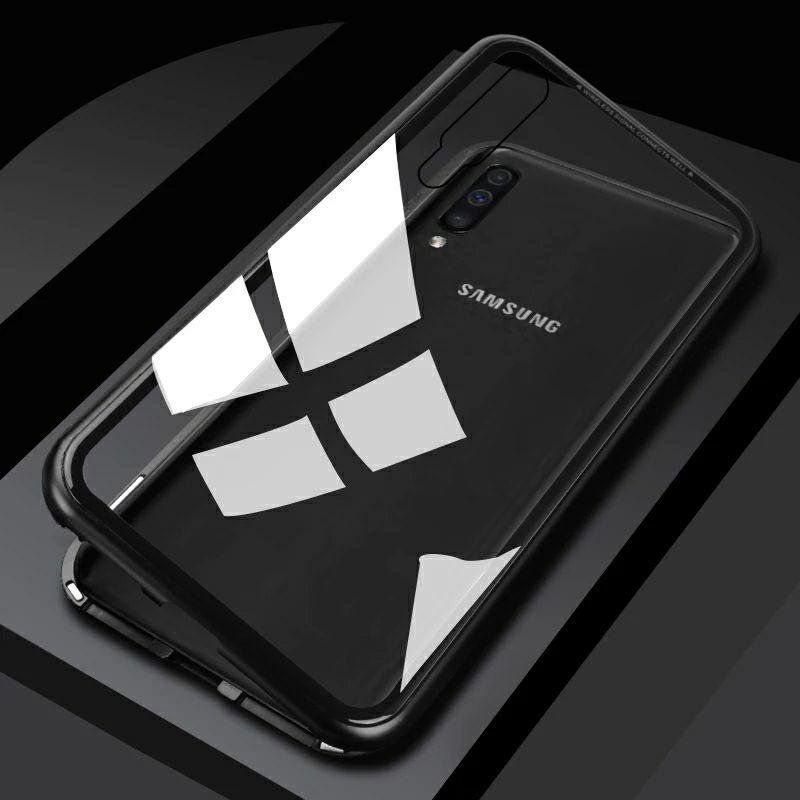 Магнитный чехол для SAMSUNG Galaxy A50 2019 (SM-A505) / A30s 2019 (SM-A307) / A50s 2019 (SM-A507), закаленное стекло, металл, цвет черный/прозрачный.