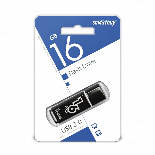 Флешка USB 2.0 16GB SMARTBUY Glossy, цвет черный