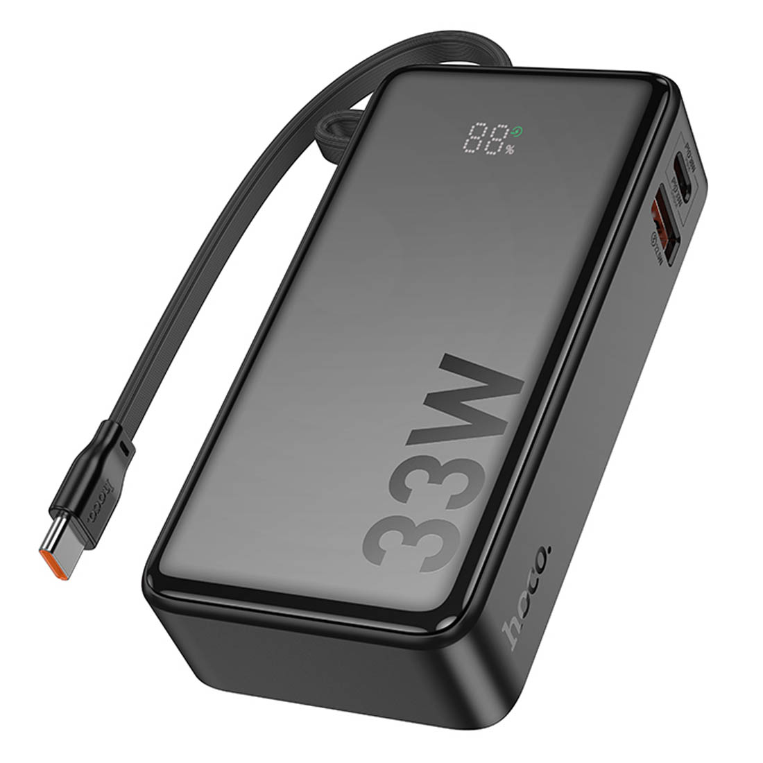Внешний портативный аккумулятор, Power Bank HOCO Q27A Jewel, 10000 mAh, 22.5W, PD33W, LED дисплей, встроенный кабель USB Type C, цвет черный Внешний портативный аккумулятор, Power Bank HOCO Q27A Jewel, 10000 mAh, 22.5W, PD33W, LED дисплей, встроенный кабель USB Type C, цвет черный