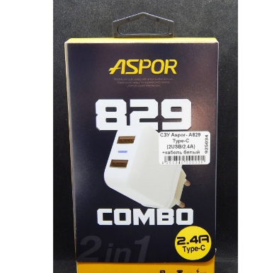 СЗУ 2в1 ASPOR A829 (блок питания+кабель Type-C) 2USB/2.4A, белый (-70%)