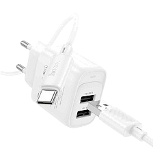 СЗУ (Сетевое зарядное устройство) HOCO C141A с кабелем USB Type C, 10.5W, 2.1A, 2 USB, длина 1 метр, цвет белый СЗУ (Сетевое зарядное устройство) HOCO C141A с кабелем USB Type C, 10.5W, 2.1A, 2 USB, длина 1 метр, цвет белый