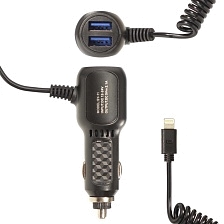 АЗУ (Автомобильное зарядное устройство) SY-11 с витым кабелем Lightning 8 pin 12-24, 5V-2A, 2 входа USB, цвет черный АЗУ (Автомобильное зарядное устройство) SY-11 с витым кабелем Lightning 8 pin 12-24, 5V-2A, 2 входа USB, цвет черный