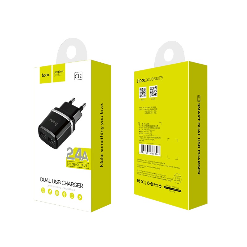 HOCO C12 Smart СЗУ (Сетевое зарядное устройство) с двумя портами USB с EU вилкой, цвет черный HOCO C12 Smart СЗУ (Сетевое зарядное устройство) с двумя портами USB с EU вилкой, цвет черный