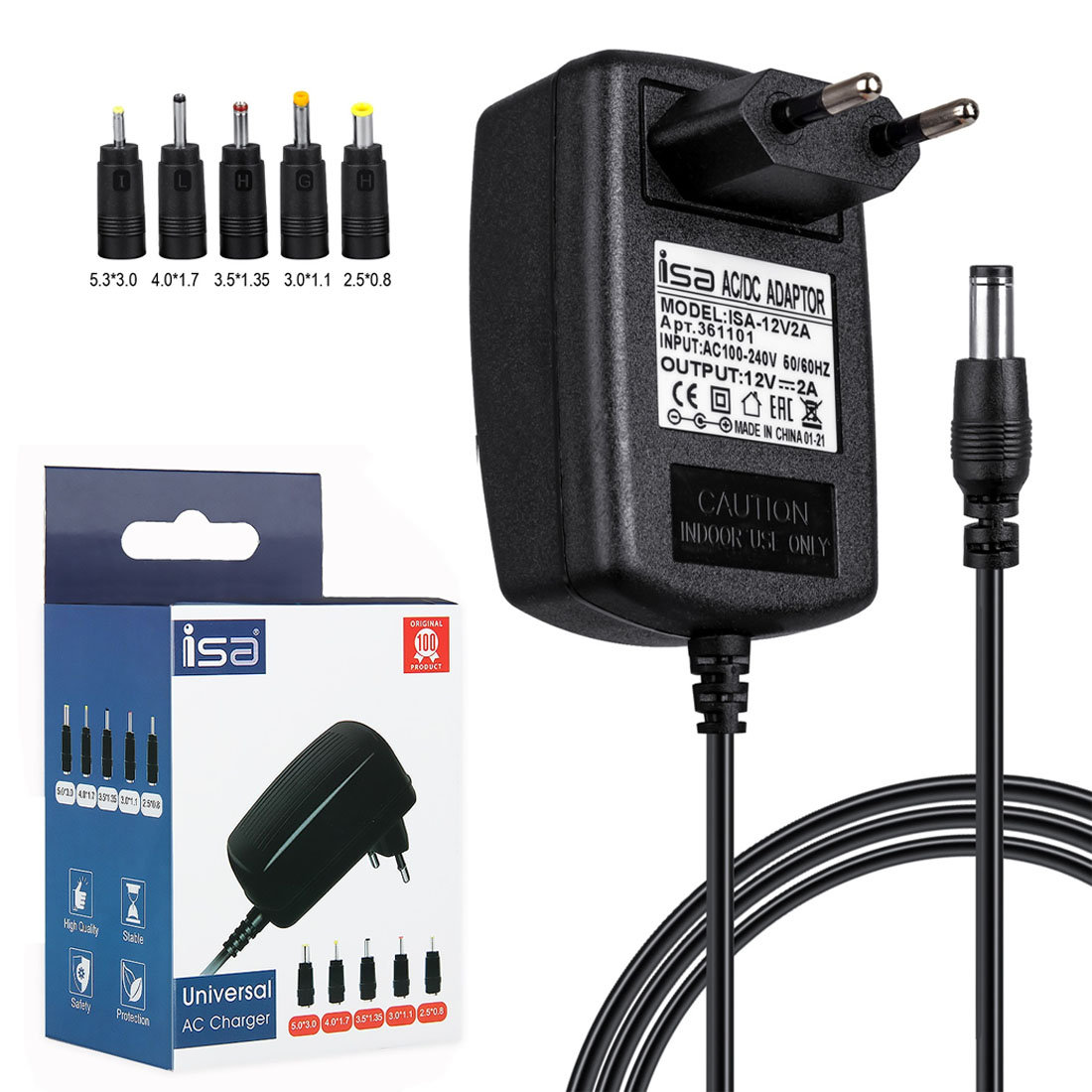 Блок питания ISA, 12V, 2A, 5.5*2.5 мм с адаптерами 5.0*3.0, 4.0*1.7, 3.5*1.35, 3.0*1.1, 2.5*0.8 мм, цвет черный