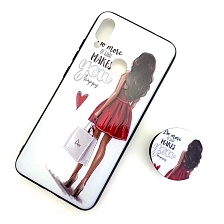 Чехол накладка для XIAOMI REDMI 7, силикон, попсокет, рисунок Девушка в красном платье, цвет белый.