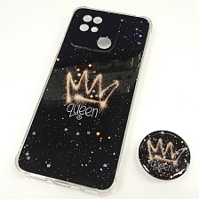 Чехол накладка для XIAOMI Redmi 10C, POCO C40, силикон, фактурный глянец, с поп сокетом, рисунок Queen