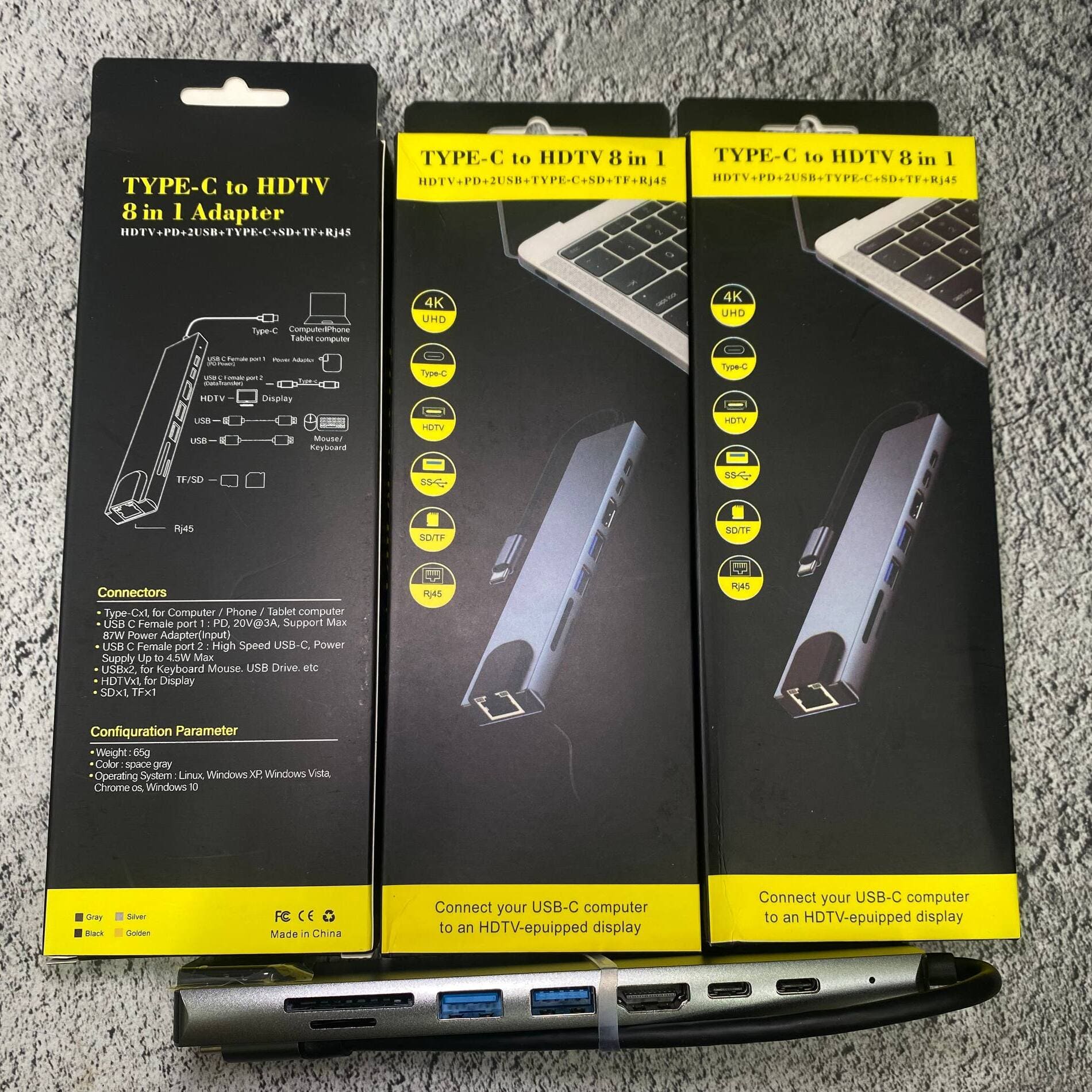 Разветвитель 8 в 1, хаб на 2 порта Type-C, 2 порта USB 3.0, 1 порт HDMI 4K, картридер SD/TF, 1 гигабитный порт LAN RJ-45, адаптер OTG с кабелем 0,15 см Type-C, цвет серебристый
