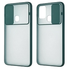 Чехол накладка для SAMSUNG Galaxy M30s (SM-M307F), M21 (SM-M215), силикон, пластик, матовый, со шторкой для защиты задней камеры, цвет окантовки темно зеленый