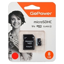Карта памяти MicroSDHC 8GB GoPower V10 class 10, с адаптером, цвет черный Карта памяти MicroSDHC 8GB GoPower V10 class 10, с адаптером, цвет черный