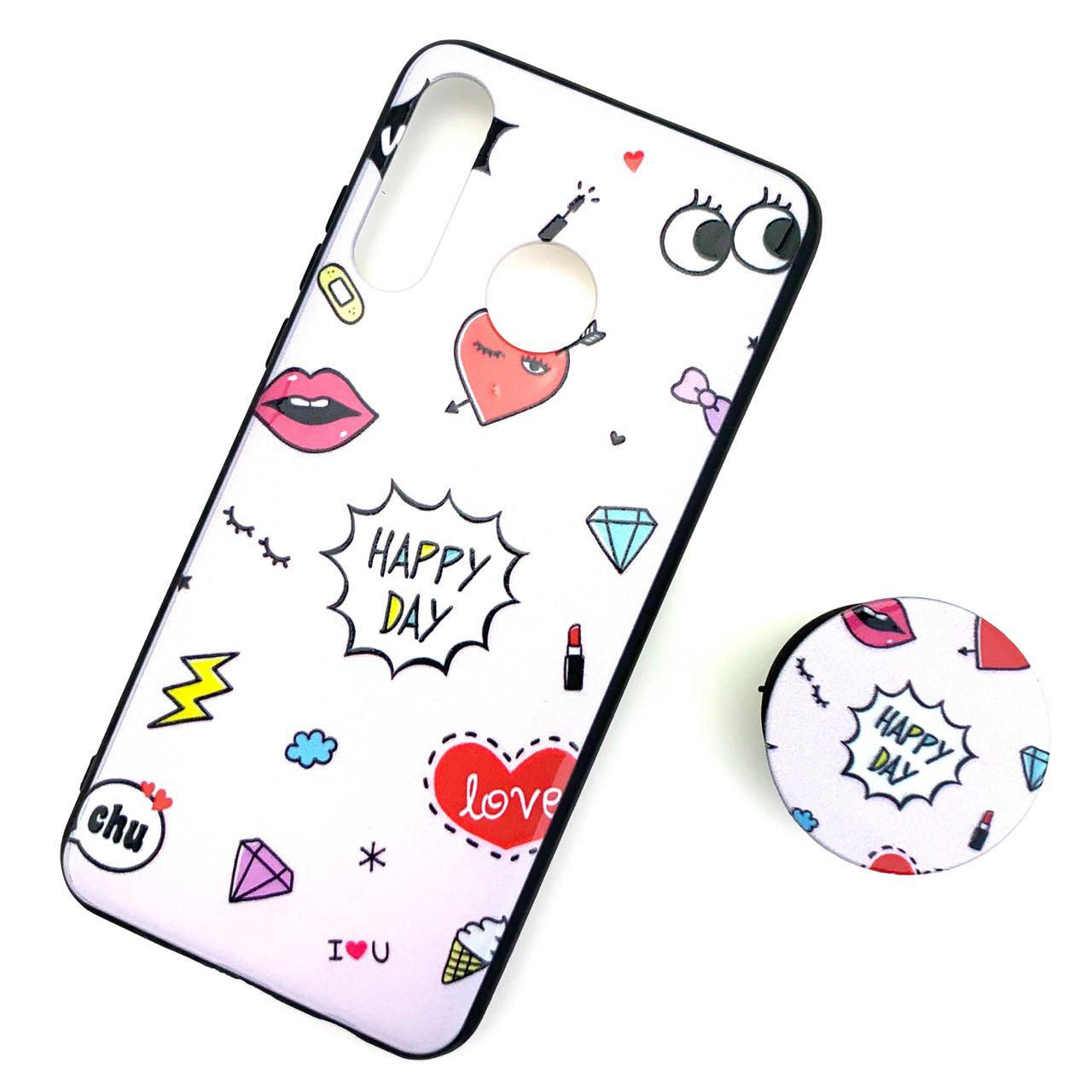 Чехол накладка для HUAWEI P30 Lite, Nova 4E 2019, силикон, с поп сокетом, рисунок Happy Day.
