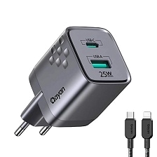 СЗУ (Сетевое зарядное устройство) QAYAN QHC-194 GaN25W с кабелем USB Type C на Lightning 8 pin, 25W, 1 Type C, 1 USB A, PD25W, QC3.0, длина 1.2 метра, цвет черный